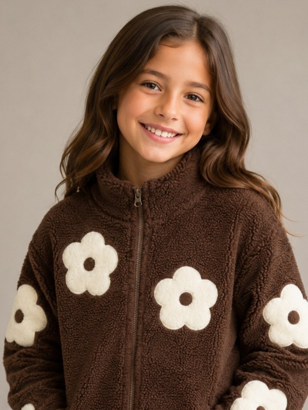 Birch & Stone Girls Brown Teddy Sherpa Zip Jacket with White Daisy.Sz 10/12.